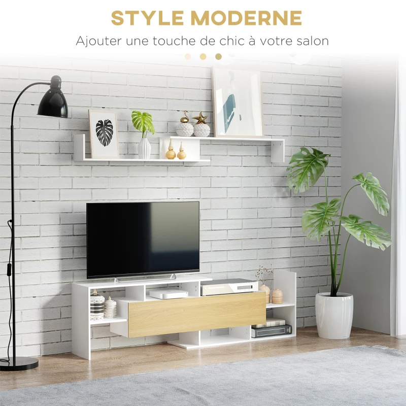 HOMCOM Ensemble meuble TV avec banc et étagère murale style contemporain 153,6L cm - blanc et bois naturel
