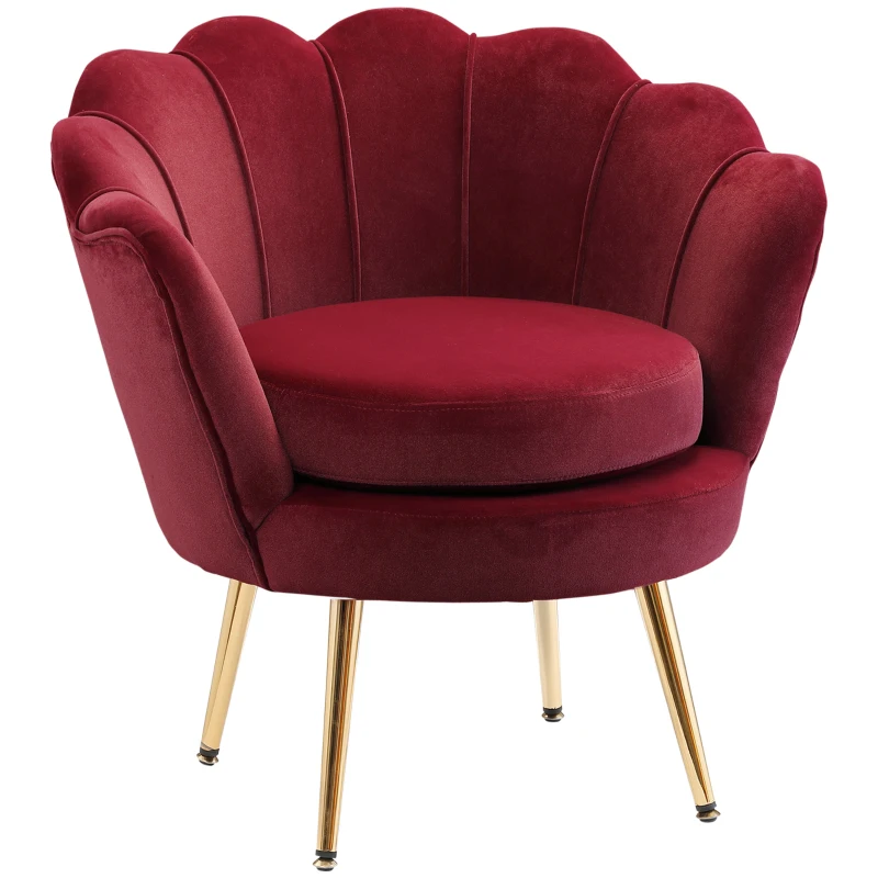 HOMCOM Fauteuil salon fauteuil en velours fauteuil coquillage avec pieds en métal doré pour chambre à coucher, rouge