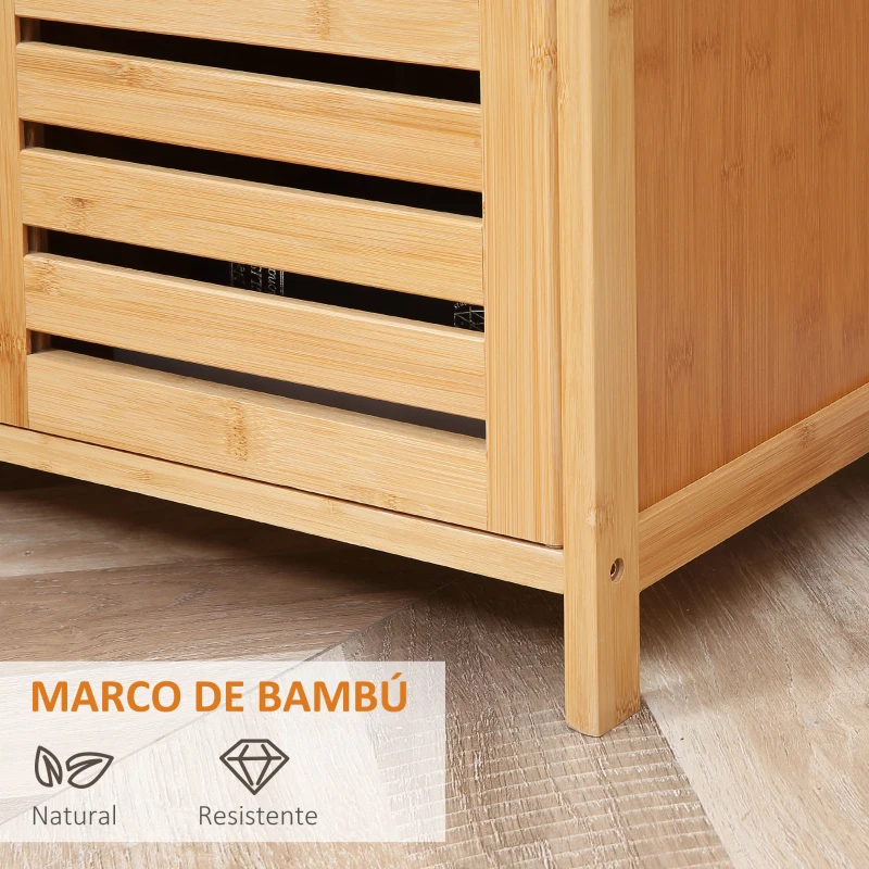 HOMCOM Aparador para Salón de Bambú con 3 Puertas Ranuradas Estantes para Comedor Cocina Entrada Natural 100x35x82 cm