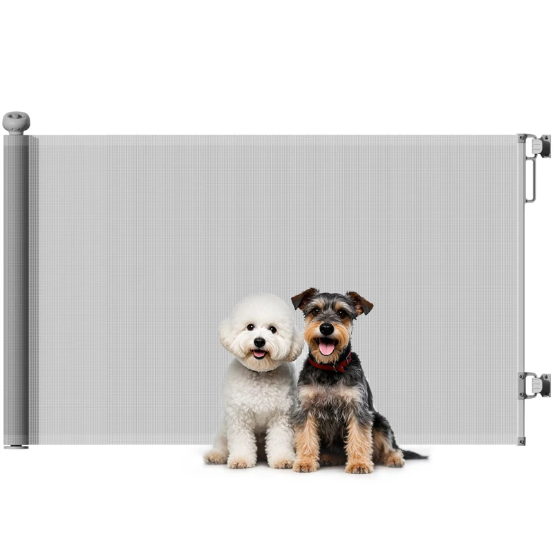 PawHut Barreira para Cães Retráctil 0-140 cm Porta para Cães Pequenos Extensível Barreira de Segurança para Animais de Estimação 146x9x86,5 cm Cinza