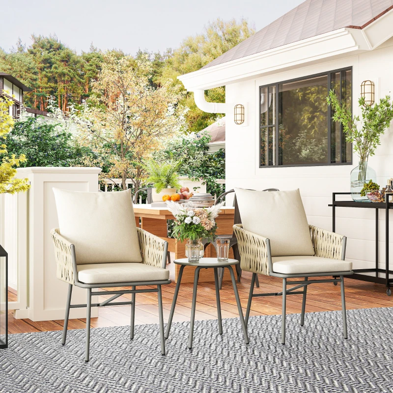 Outsunny Conjunto de Jardim de 3 Peças com 2 Cadeiras com Almofadas Removíveis e Laváveis e Mesa com Bancada de Metal Cinza e Creme