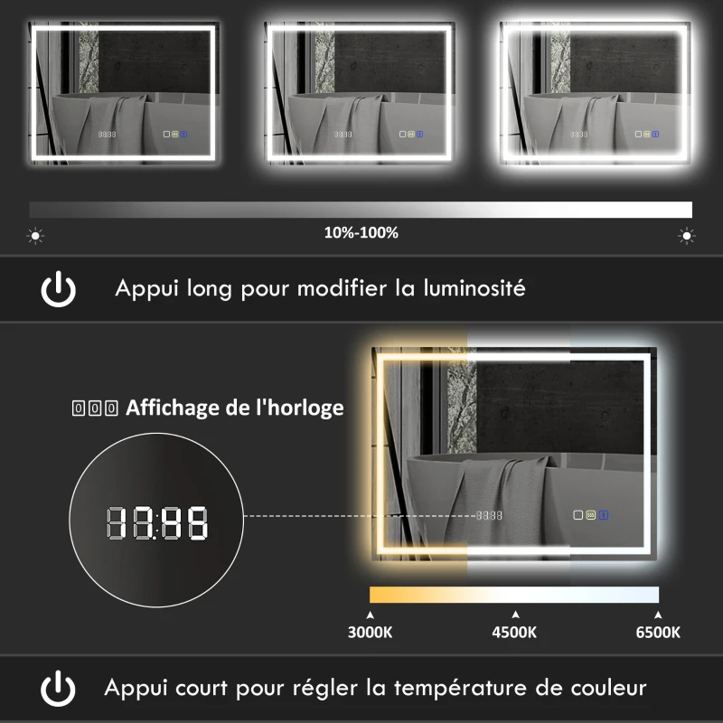 HOMCOM Miroir salle de bain LED bluetooth 80 x 100 cm interrupteur tactile lumière réglable 3 couleurs anti-buée mémoire argent