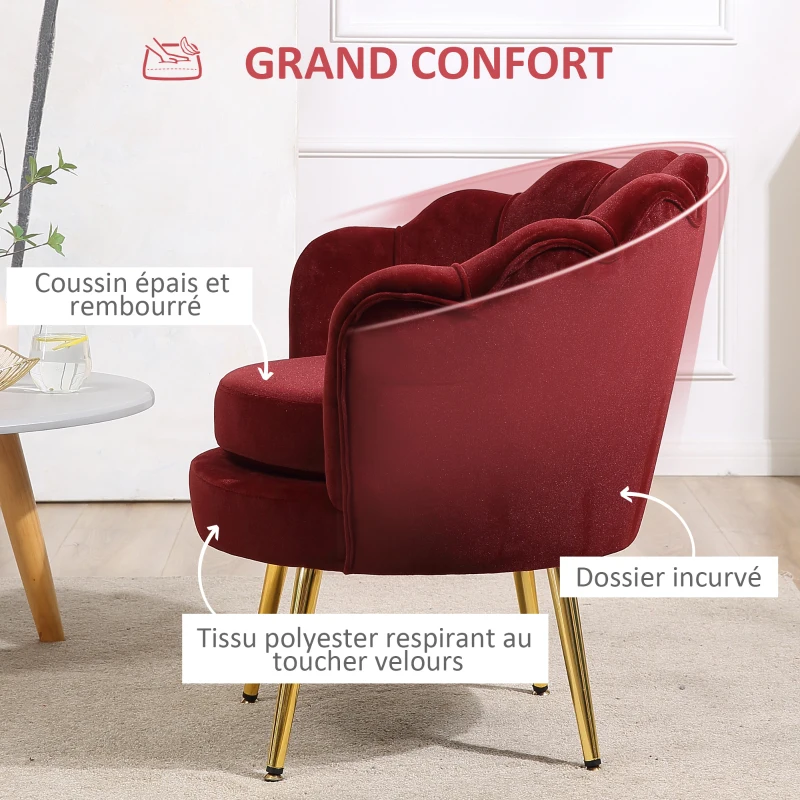 HOMCOM Fauteuil salon fauteuil en velours fauteuil coquillage avec pieds en métal doré pour chambre à coucher, rouge