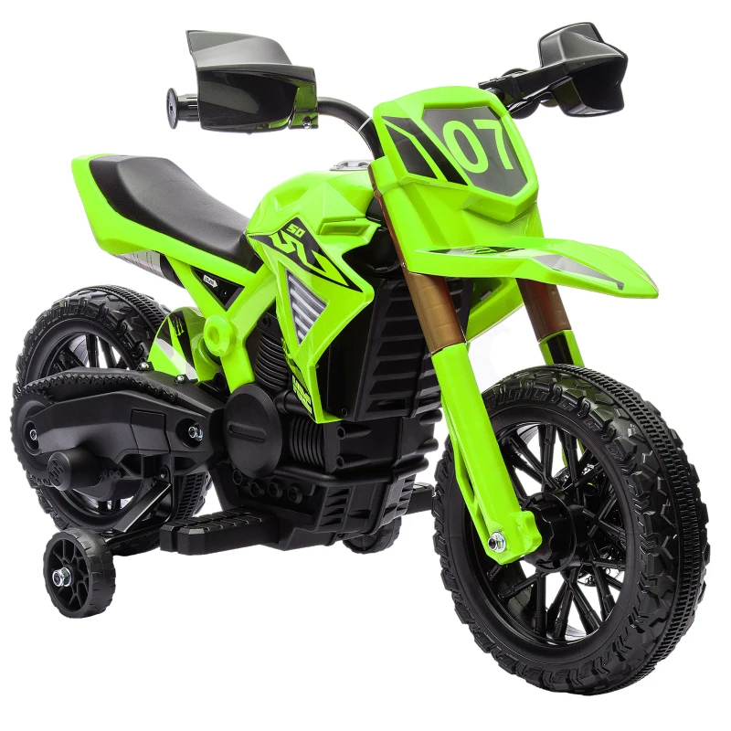 AIYAPLAY Moto cross électrique pour enfants 3-8 ans, batterie 6 V, 2 moteurs, klaxon et roues d'entraînement, charge 30KG, vert(m-12)