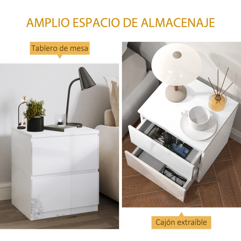 HOMCOM Set de 2 Mesitas de Noche con 2 Cajones Mesa Auxiliar para Dormitorio Salón 40x34x45 cm Blanco Brillo