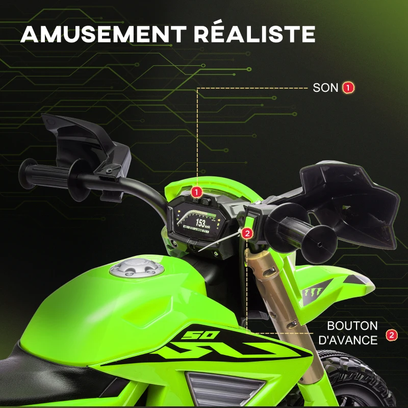AIYAPLAY Moto cross électrique pour enfants 3-8 ans, batterie 6 V, 2 moteurs, klaxon et roues d'entraînement, charge 30KG, vert(m-6)