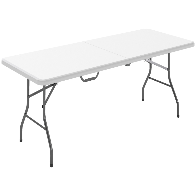 Outsunny Masă de Camping Pliabilă cu Mâner, Cadru Metalic și Blat din Plastic, 180x74x74 cm, Alb