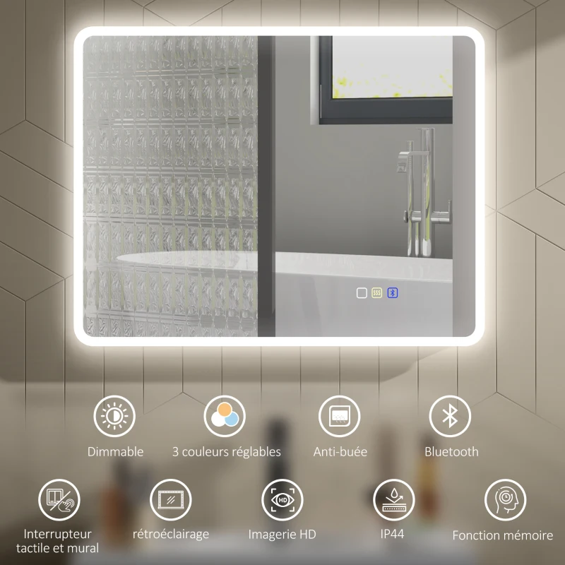 HOMCOM Miroir salle de bain LED bluetooth 70 x 90 cm interrupteur tactile lumière réglable 3 couleurs anti-buée mémoire argent