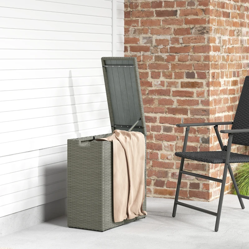 Outsunny Coffre de jardin en résine tressée, coffre de rangement extérieur 66 L avec dessus à lattes 28 x 55 x 60 cm, gris
