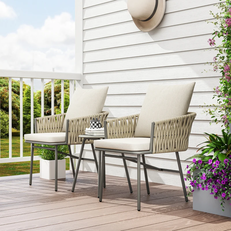 Outsunny Conjunto de Jardim de 3 Peças com 2 Cadeiras com Almofadas Removíveis e Laváveis e Mesa com Bancada de Metal Cinza e Creme