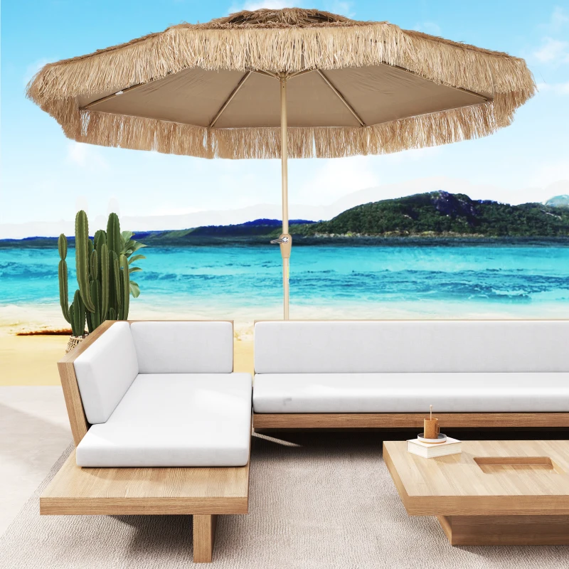 Outsunny Parasol de jardin extérieur en paille Ø 294 cm parasol droit mat 8 baleines en métal protection UV avec manivelle jaune