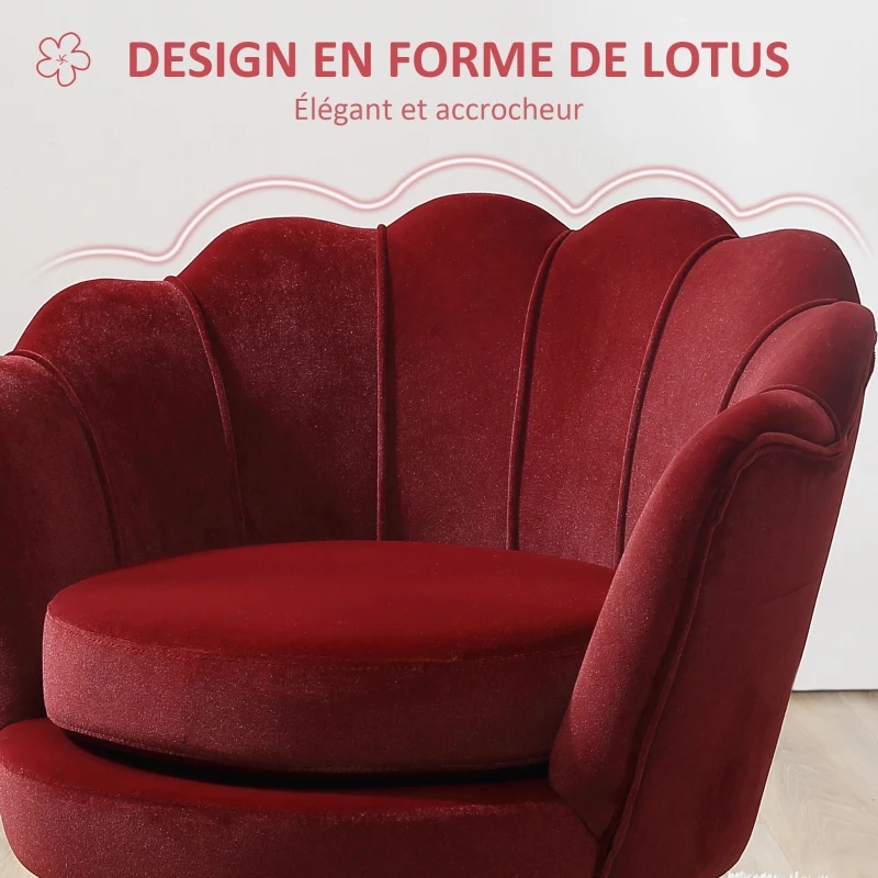 HOMCOM Fauteuil salon fauteuil en velours fauteuil coquillage avec pieds en métal doré pour chambre à coucher, rouge