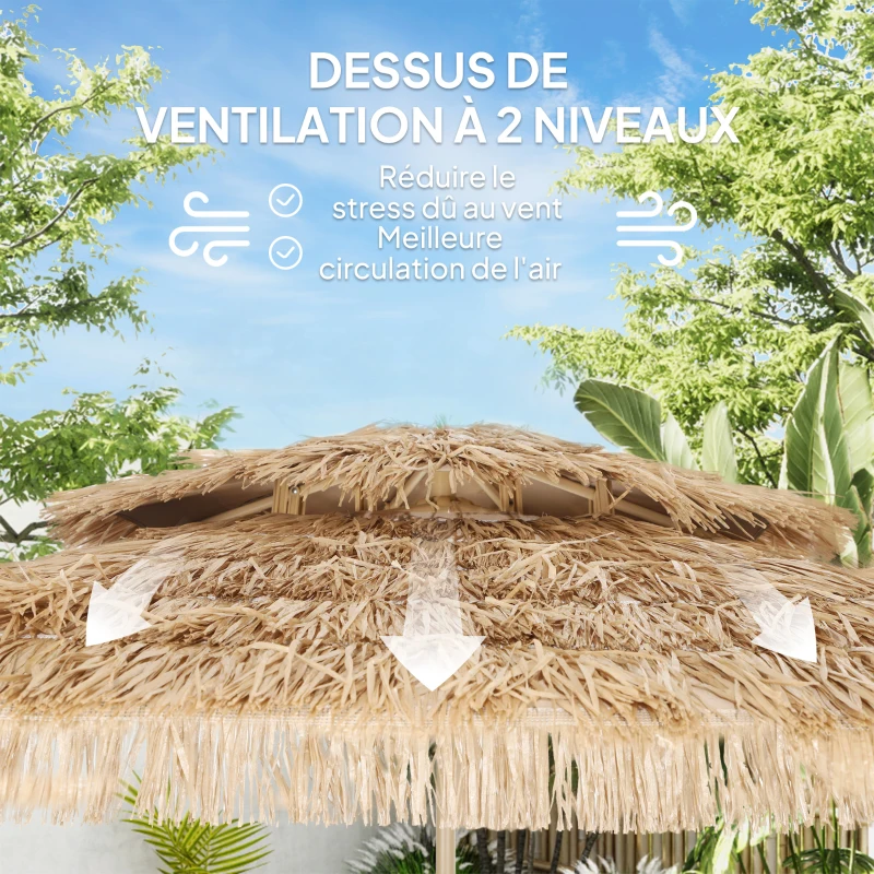 Outsunny Parasol de jardin extérieur en paille Ø 294 cm parasol droit mat 8 baleines en métal protection UV avec manivelle jaune