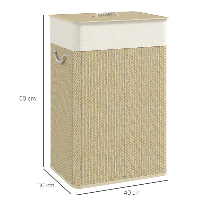 HOMCOM Cesto de Roupa com Tampa 72L Cesto de Roupa de Bambu com Bolsa Interior Removível e Alças 40x30x60 cm Bege e Creme