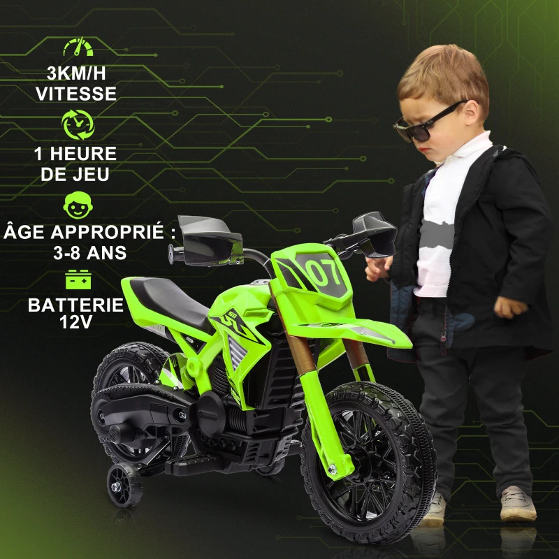 AIYAPLAY Moto cross électrique pour enfants 3-8 ans, batterie 6 V, 2 moteurs, klaxon et roues d'entraînement, charge 30KG, vert(m-4)