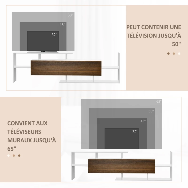 HOMCOM Ensemble meuble TV avec banc et étagère murale style contemporain 153,6L cm - blanc et marron