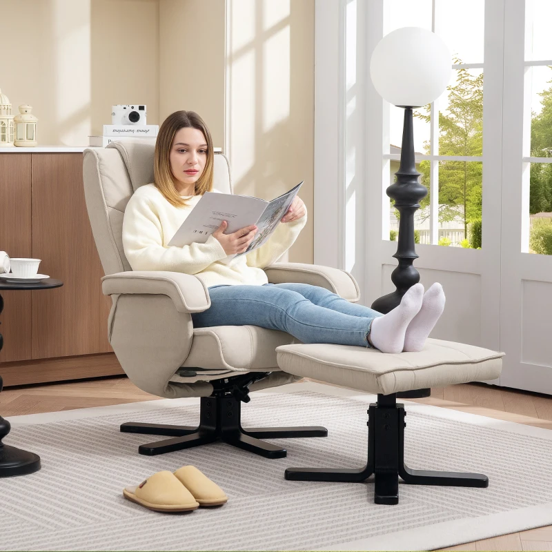 HOMCOM Sillón Relax Reclinable con Reposapiés Giratoria Tapizado en Lino con Base de Madera Beige