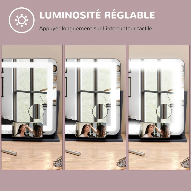 HOMCOM Miroir Lumineux LED intensité 3 modes d'éclairage, grossissement 10X, port de charge USB, touche tactile 62,5 x 52 cm