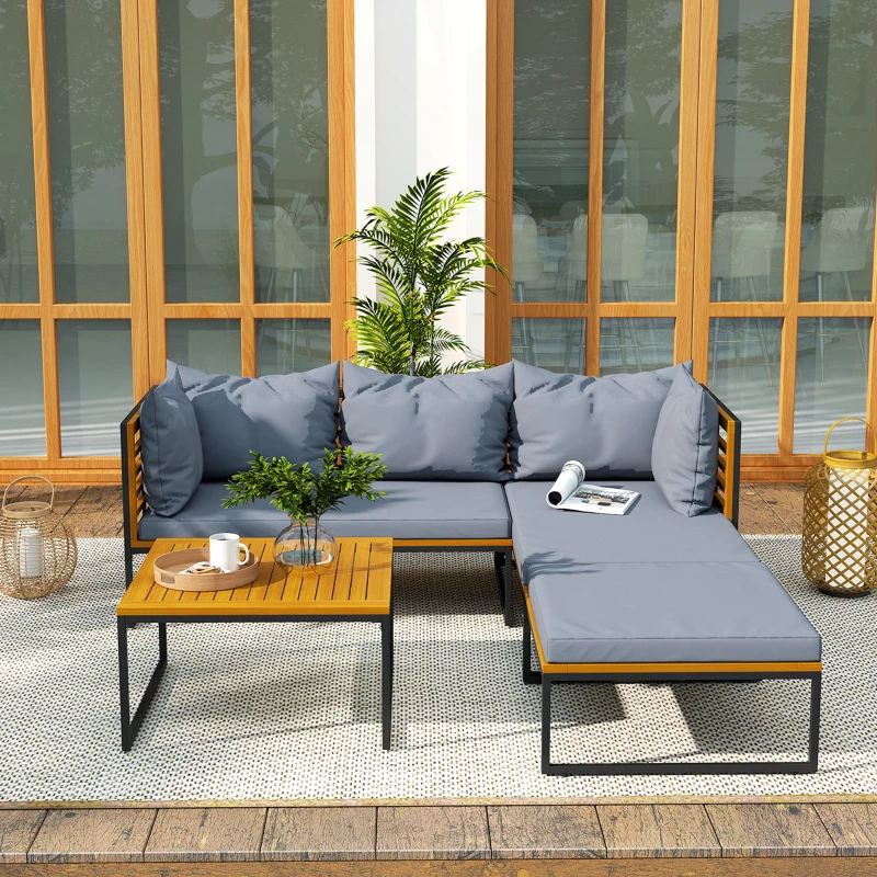 Outsunny Conjunto de Jardim de 4 Peças em Forma de L com 2 Sofás de 2 Lugares Sofá de Canto e Mesa de Centro  Cinza e Madeira