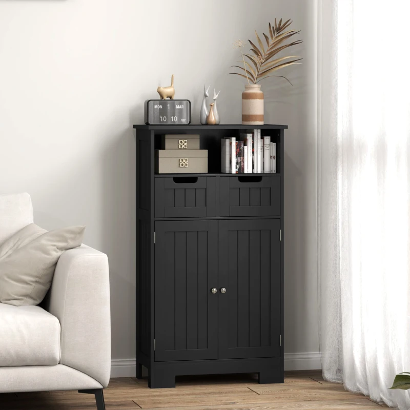 kleankin Meuble Bas de Salle de Bain Multi-rangements Grande Niche 2 tiroirs Placard Double Porte avec étagère Noir