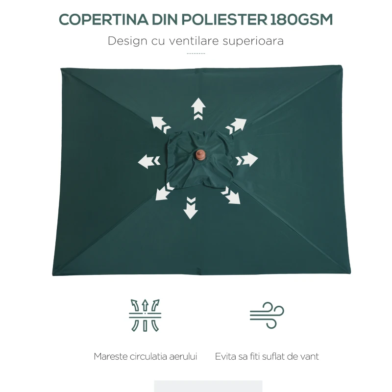 Outsunny Umbrela Dreptunghiular din Bambus si Poliester Anti-UV Verde 2x1.5x2,3m