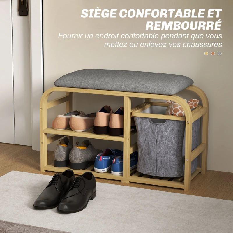 HOMCOM Banc à chaussures avec coussin d'assise, 2 étagères à lattes et panier en tissu coulissant, 70x30x45cm, bois naturel
