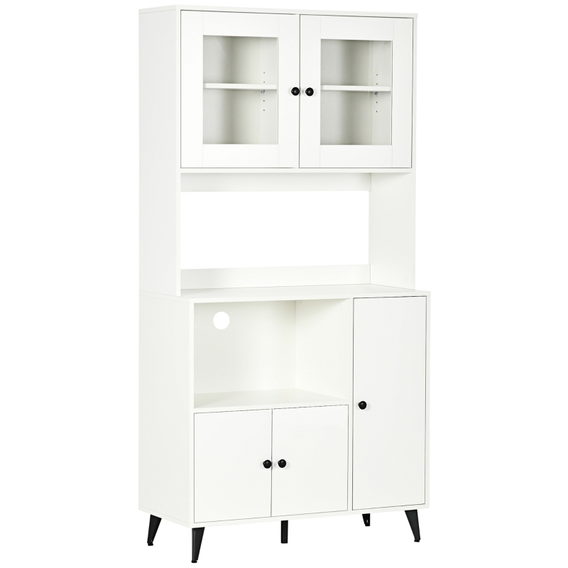 HOMCOM Armoire de cuisine avec 3 placards, niches, étagères réglables, portes vitrées, passe-câble, 90x40x180cm, blanc