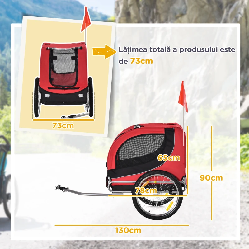 PawHut Remorcă de Bicicletă pentru Câini cu Punct de Atașare, Ferestre Laterale și Steguleț, 130x73x90 cm, Roșu