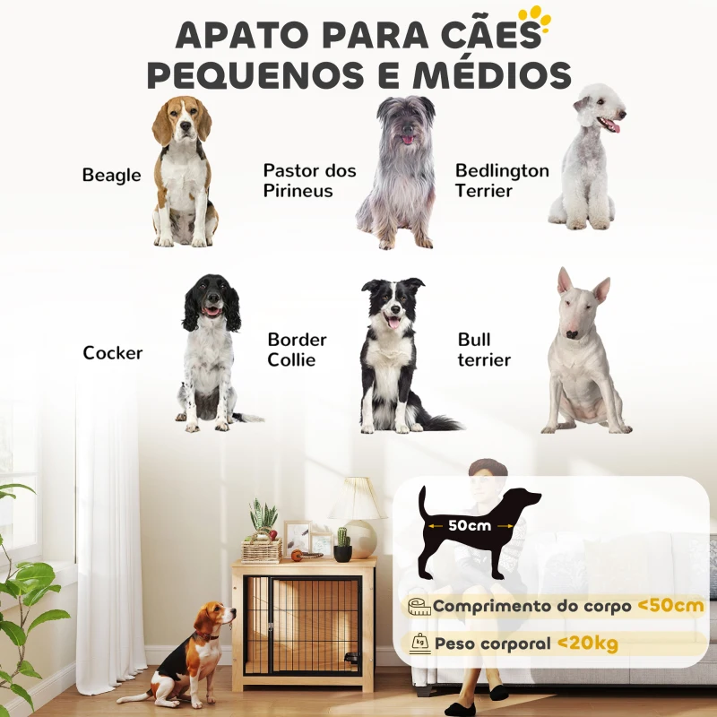 PawHut Gaiola para Cães Mesa Auxiliar Moderna com 2 Portas Suporte Giratório com 2 Tigelas para Cães Médios 80x60x68 cm Carvalho