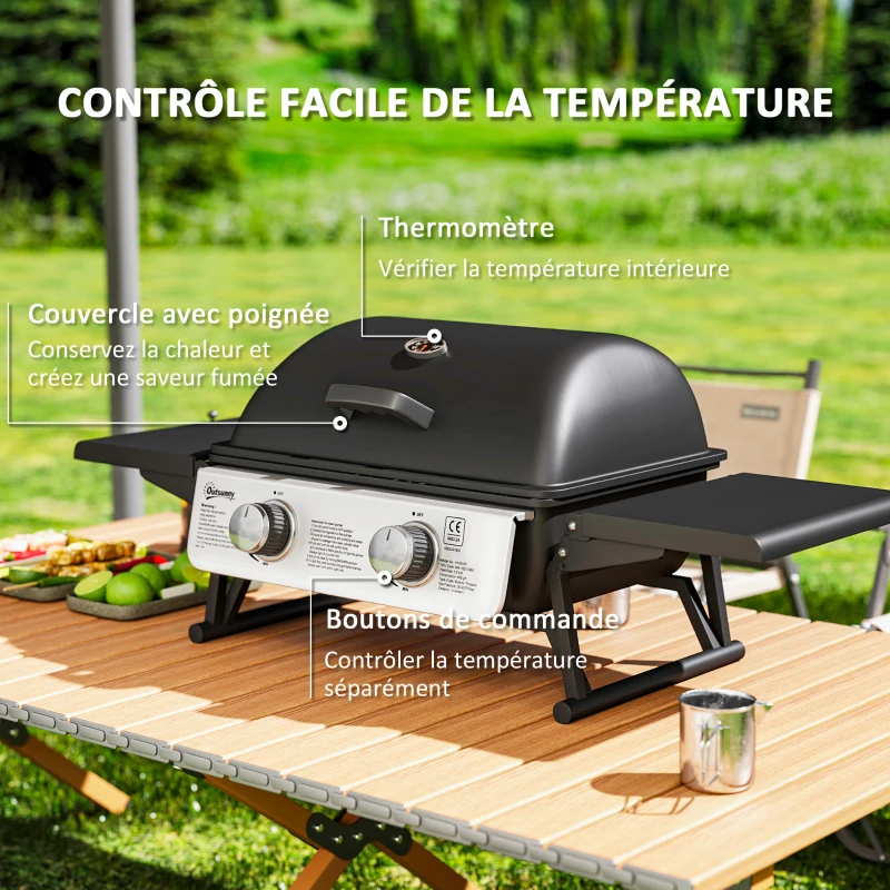 Outsunny Barbecue gaz de table transportable, 2 brûleurs 5,6 KW, barbecue gaz de camping avec étagères latérales, couvercle, noir