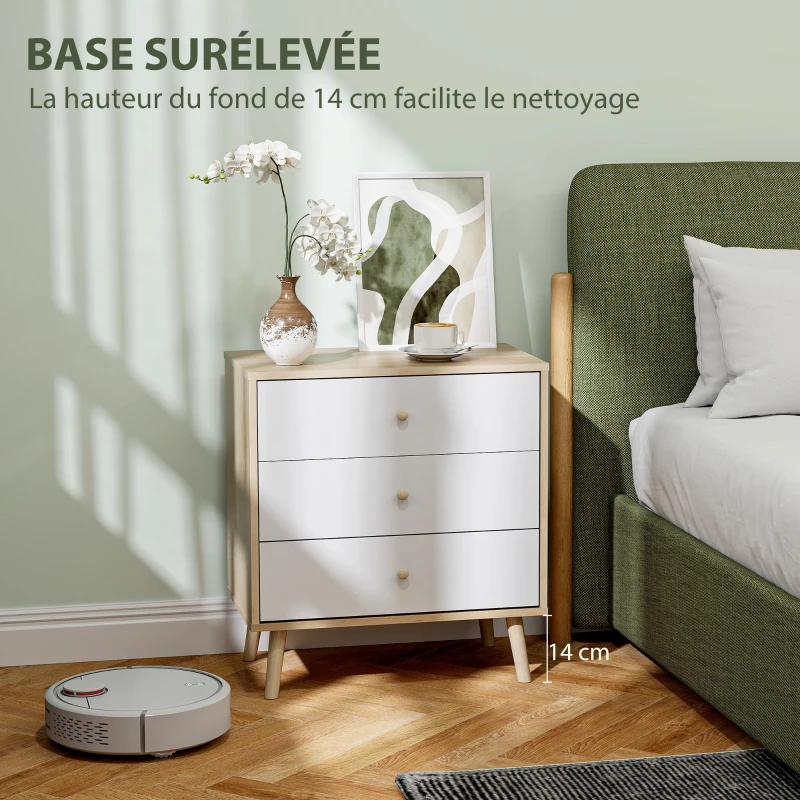 HOMCOM Commode 3 tiroirs meuble de rangement style moderne pour chambre à coucher, salon - 60 x 35 x 65 cm, chêne