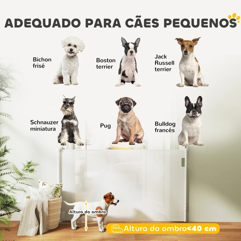 PawHut Barreira para Cães Retrátil 0-144 cm  para Cães Pequenos Barreira de Segurança para Animais de Estimação com Fecho Branco