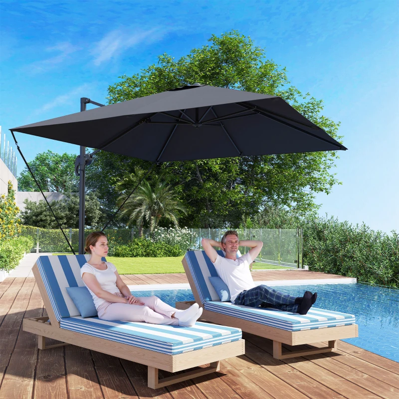 Outsunny Umbrelă de Grădină cu Manivelă Înclinabilă, Braț Lateral și Bază Rotativă, 244x244x255 cm, Gri Închis