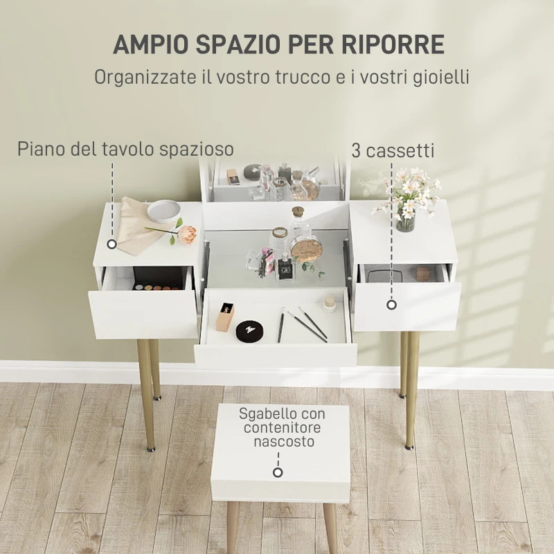 HOMCOM Set Tavolo da Trucco con 3 Cassetti e Specchio con Sgabello da Trucco Portaoggetti, Bianco