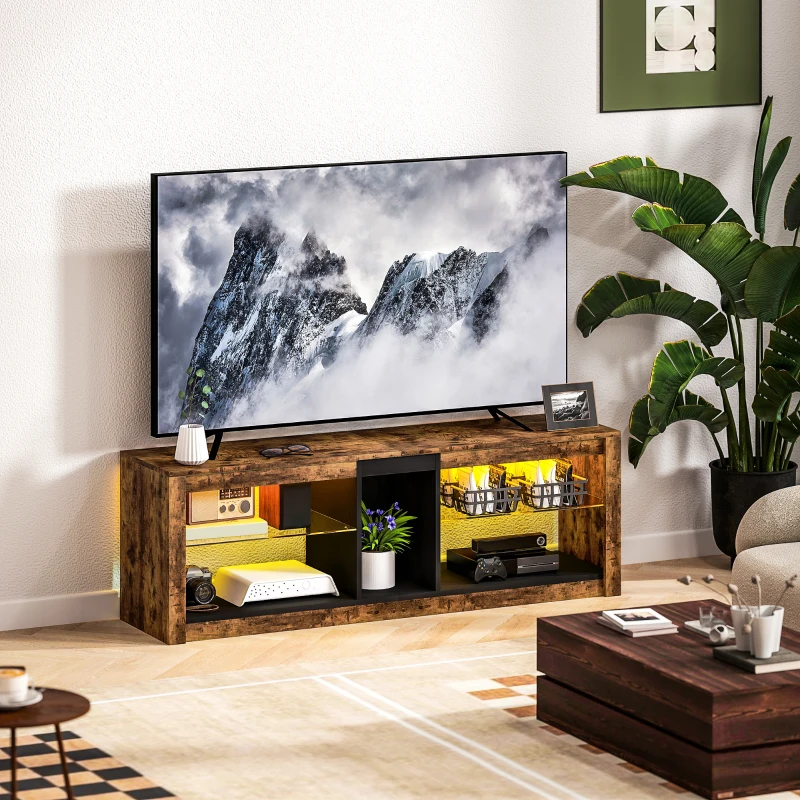 HOMCOM Meuble TV avec lumières LED et télécommande, étagères et compartiments ouvert, 140x35x47cm, marron