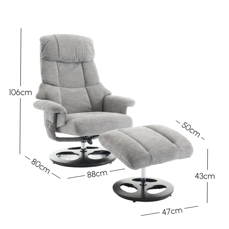 Chenille Upholstered Massage Recliner with Ottoman Footstool, 5-Point Massager, Ergonomic Backrest, 88L x 80W x 106H cm, Grey