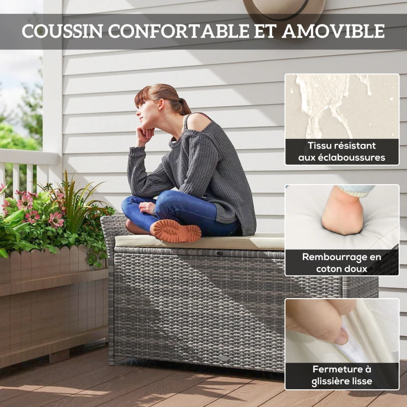 Outsunny Banc coffre de rangement extérieur en résine tressée 250L avec coussin amovible, pour jardin, balcon, blanc