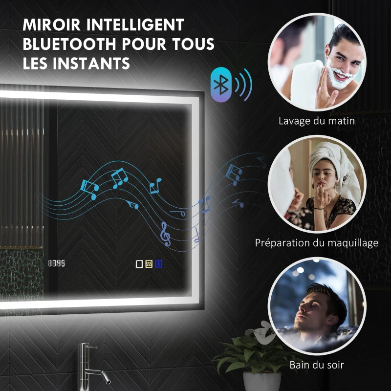 HOMCOM Miroir salle de bain LED bluetooth 80 x 100 cm interrupteur tactile lumière réglable 3 couleurs anti-buée mémoire argent