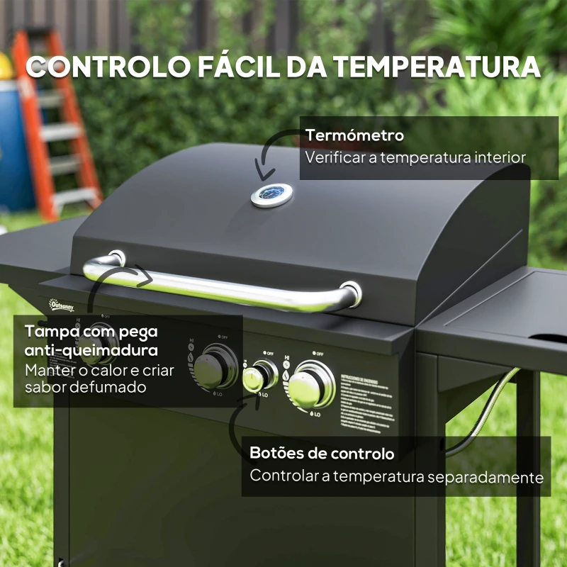 Outsunny Barbecue a Gás com 3+1 Queimadores 8,5 kW Termómetro Mesa Lateral Grelha Recolhedor de Gordura 2 Rodas 123x57x98 cm Preto