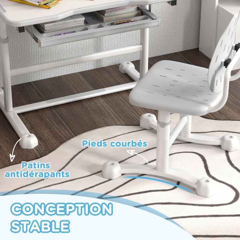 AIYAPLAY Bureau enfant avec chaise réglable en hauteur, plateau incliné 45°, tiroir et support de livre, gris