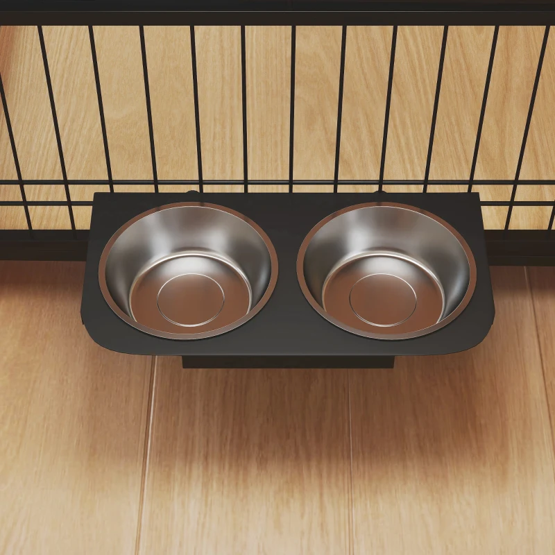 PawHut Gaiola para Cães Mesa Auxiliar Moderna com 2 Portas Suporte Giratório com 2 Tigelas para Cães Médios 80x60x68 cm Carvalho