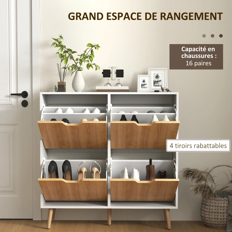 HOMCOM Meuble à chaussures 4 abattants 16 paires avec étagère réglable pieds en bois de pin 95 x 26 x 95 cm naturel