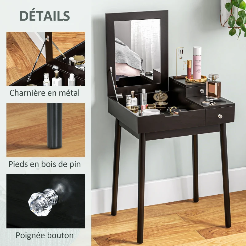HOMCOM Coiffeuse avec miroir table de maquillage, 2 tiroirs, miroir pliable pour chambre à coucher, salon, 60x50x85,5cm, noir