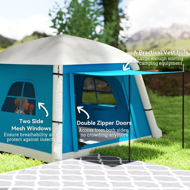 Outsunny Inflatable Camping Tent w/ Hand Pump, Easy Setup 1/2 Person Blow Up Tent Waterproof 190T Taffeta w/ Mesh Windows, Doors and Carry Bag, Light Blue