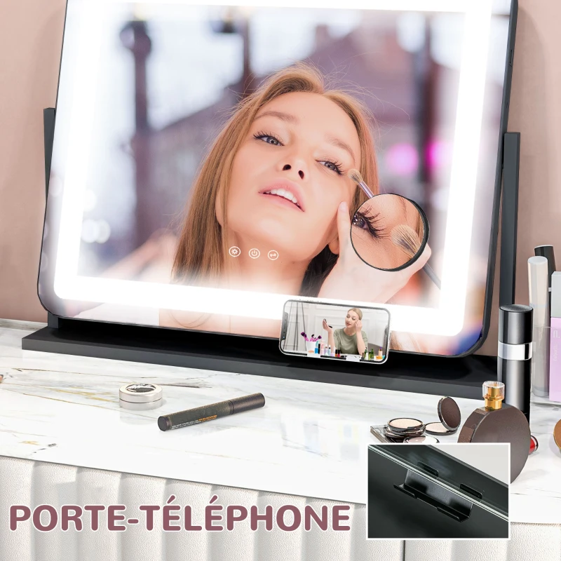 HOMCOM Miroir Lumineux LED intensité 3 modes d'éclairage, grossissement 10X, port de charge USB, touche tactile 62,5 x 52 cm
