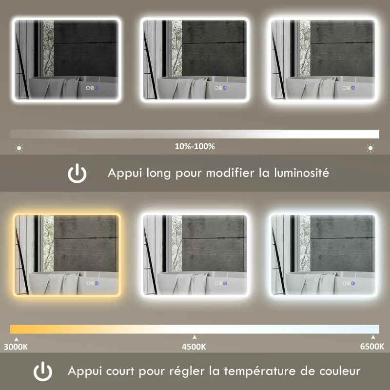 HOMCOM Miroir salle de bain LED bluetooth 70 x 90 cm interrupteur tactile lumière réglable 3 couleurs anti-buée mémoire argent