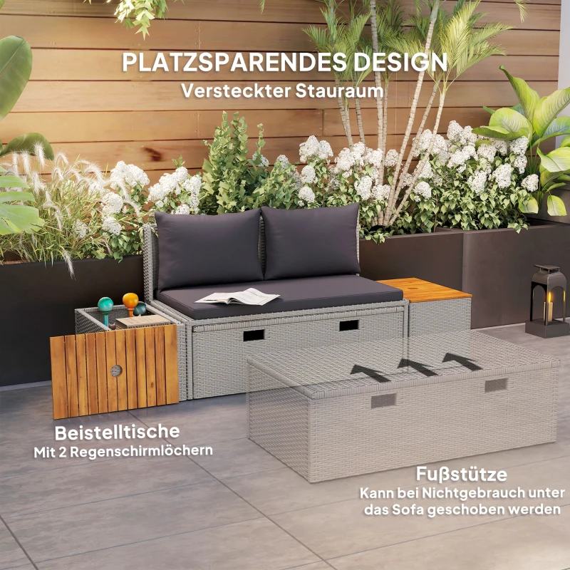Outsunny Polyrattan Sonnenliege für 2 Personen Doppelliege mit Fußhocker Stauraum Auflagen 125x114x72,5 cm Grau(m-4)