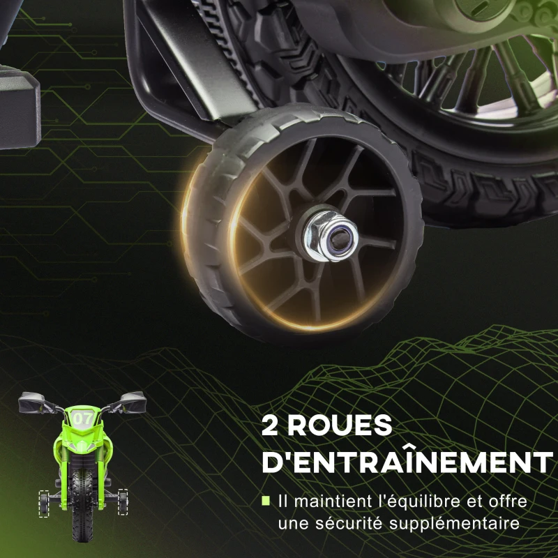 AIYAPLAY Moto cross électrique pour enfants 3-8 ans, batterie 6 V, 2 moteurs, klaxon et roues d'entraînement, charge 30KG, vert(m-5)
