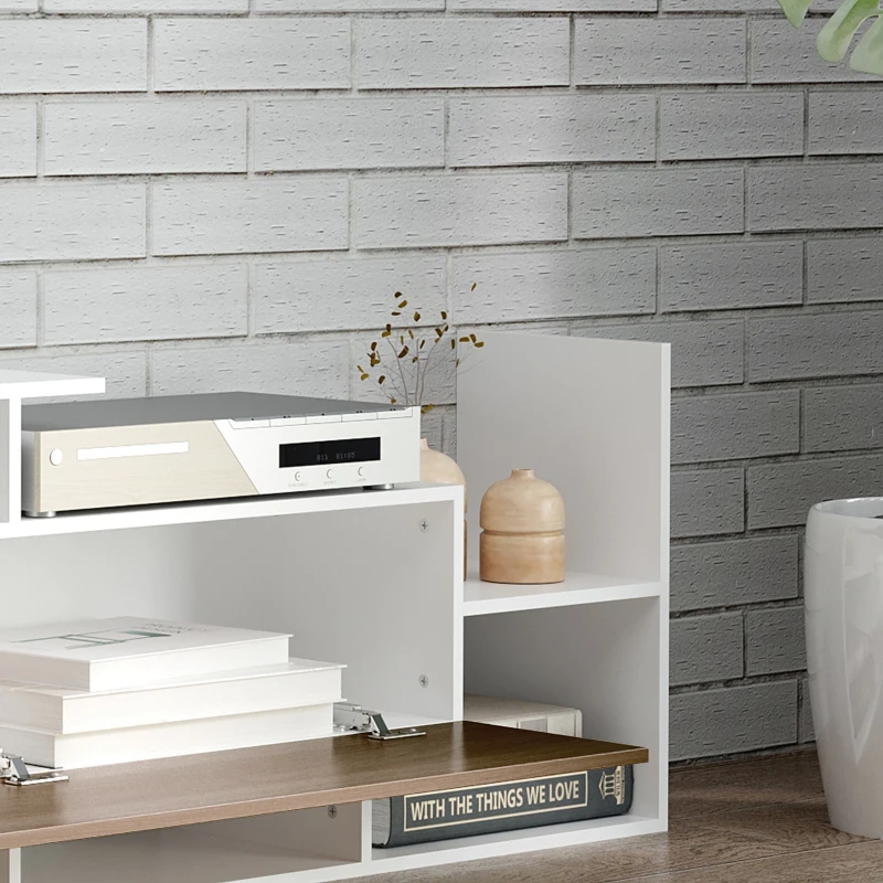 HOMCOM Ensemble meuble TV avec banc et étagère murale style contemporain 153,6L cm - blanc et marron