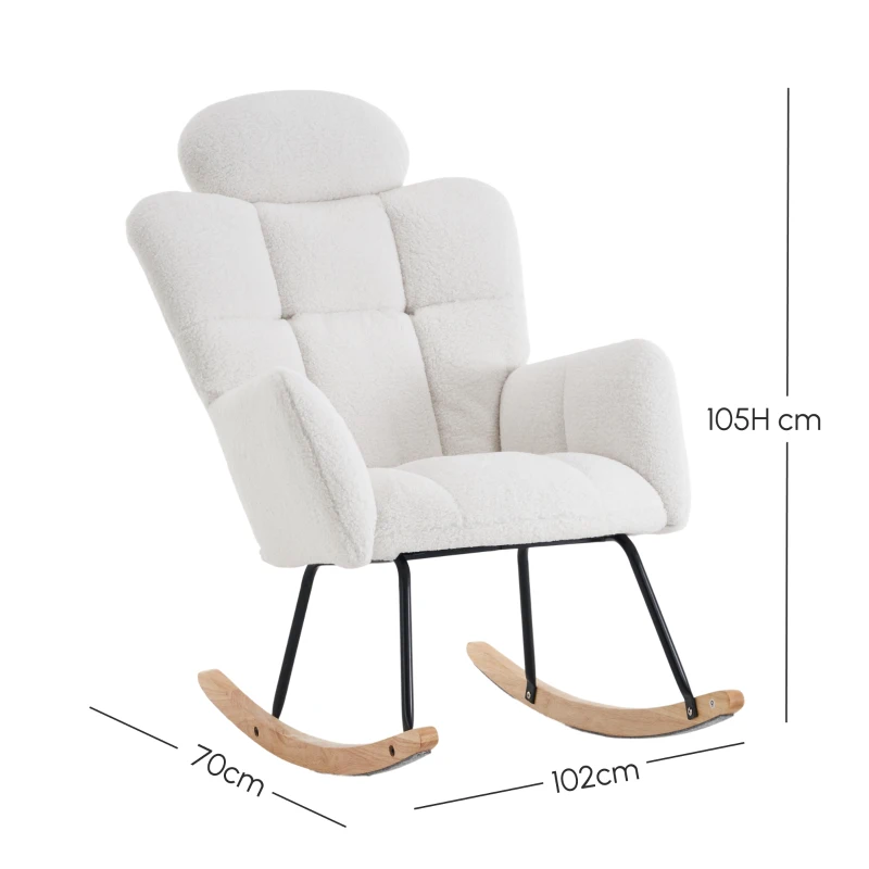 Teddy Fabric Rocking Chair with Tufted Upholstery, Padded Seat, Ergonomic Backrest, Ideal for Bedroom, Hallway, 102L x 70W x 105H cm, White
